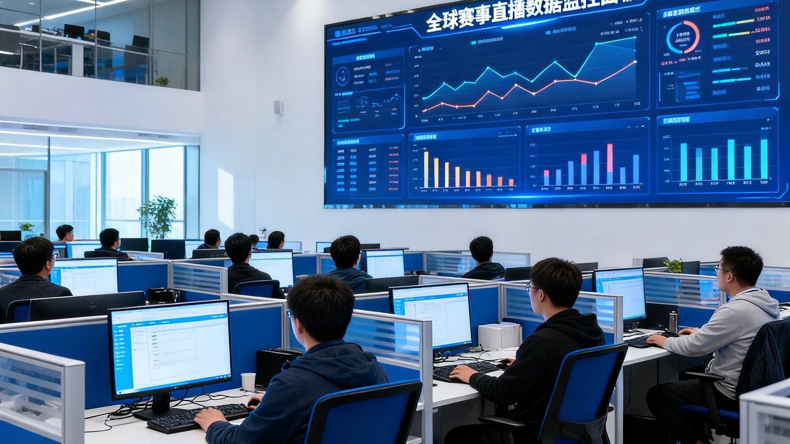 24直播网北京望京科技园总部办公室内景，开放式工位上坐满了专注工作的技术和运营团队成员，墙上大屏幕实时显示着全球赛事直播数据监控面板