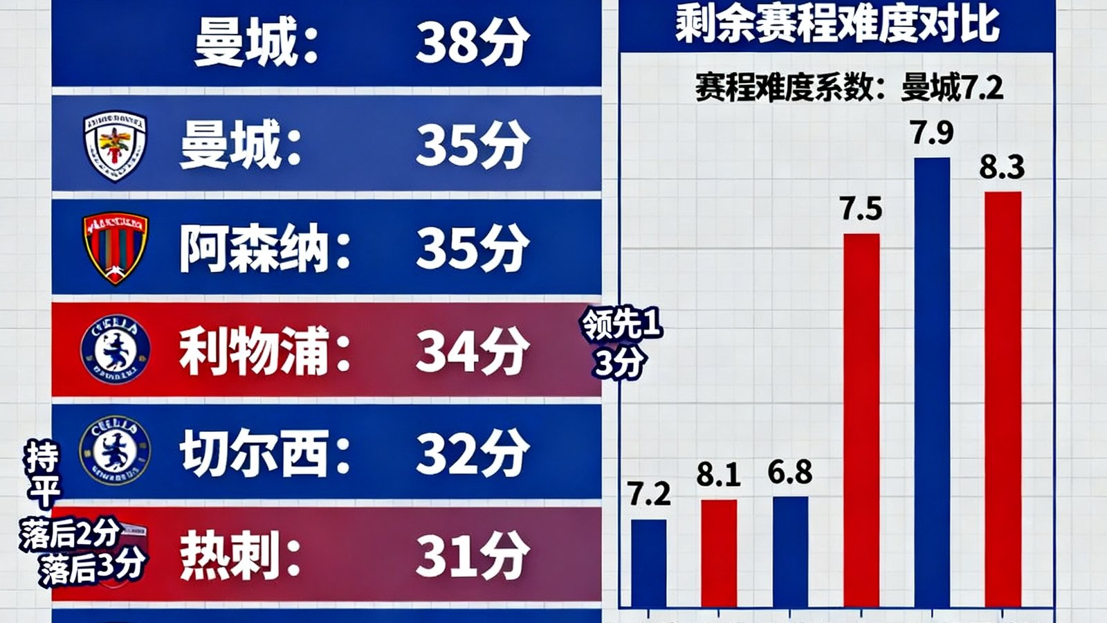 一篇关于英超赛季半程积分榜形势的深度分析文章配图，图表展示前六名球队的积分差距和剩余赛程难度对比